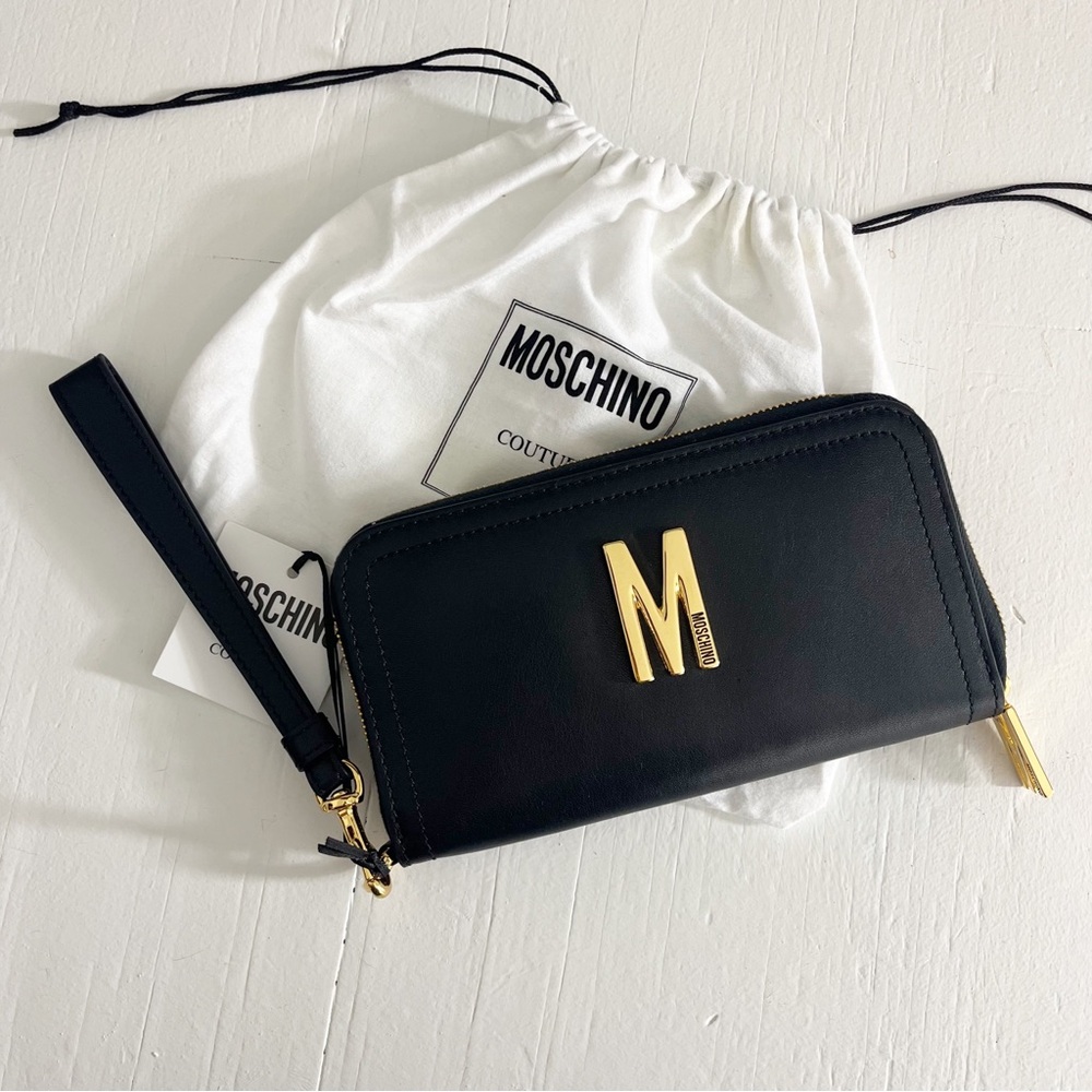 Moschino Logo Leather Wristlet Wallet NWT Sleek Black Gold Hardware
